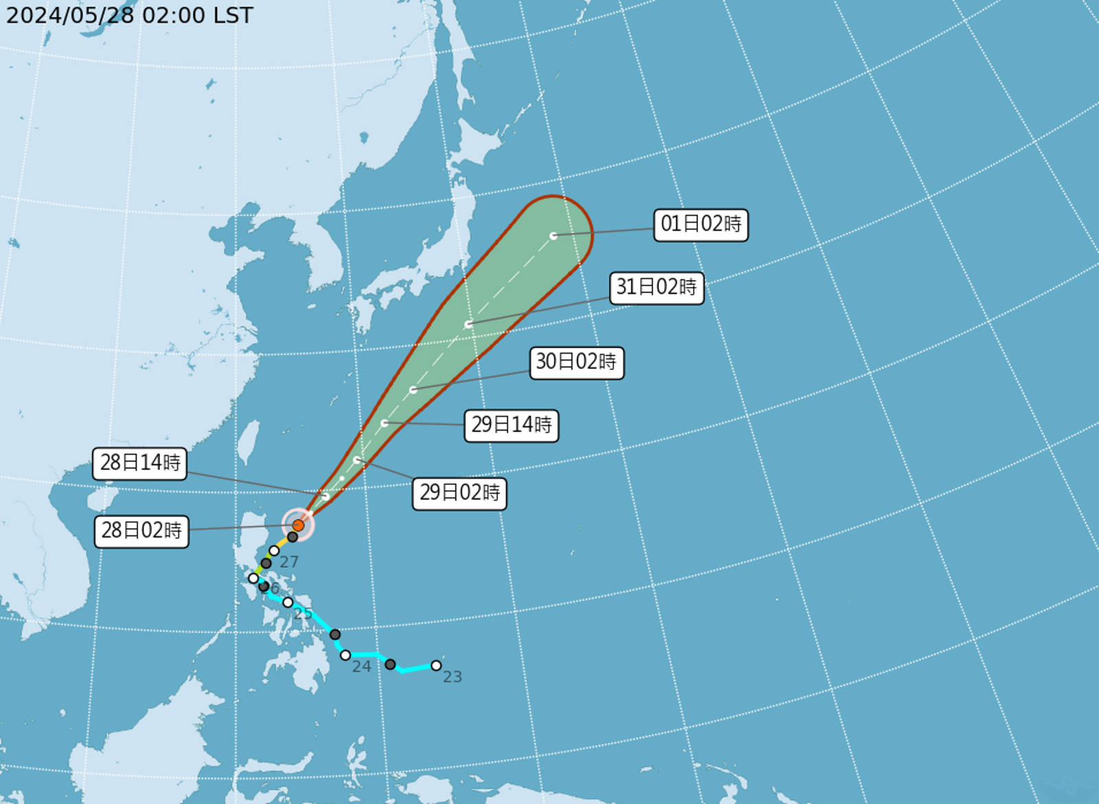 今年第一號颱風「艾維尼」，凌晨2時位於鵝鑾鼻東南方640公里之海面上，朝東北方向從琉球群島以東海面通過，往日本東南方海面前進，對台天氣沒有直接影響。（氣象署提供）