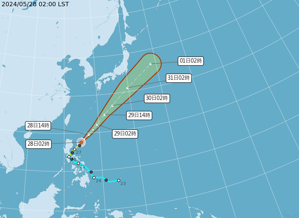 今年第一號颱風「艾維尼」,凌晨2時位於鵝鑾鼻東南方640公里之海面上,朝東北方向從琉球群島以東海面通過,往日本東南方海面前進,對台天氣沒有直接影響。(氣象署提供)