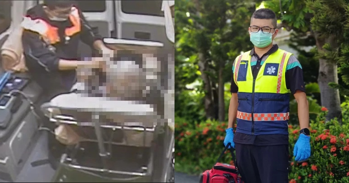 彰化1名7旬老翁2次心肌梗塞叫救護車，都是被同一名救護員黃景嵐（右）救回。（彰化消防局提供）