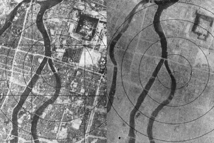 1945年美軍在廣島投下原子彈，遭毀滅性打擊的廣島市瞬間從左圖變為右圖，市區幾乎夷為平地，成為一片廢墟。（翻攝自維基百科）