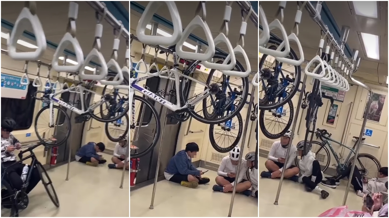 有網友直擊，3輛自行車更是掛在北節車廂的橫桿上。（翻攝自YouTube@new-reporter）