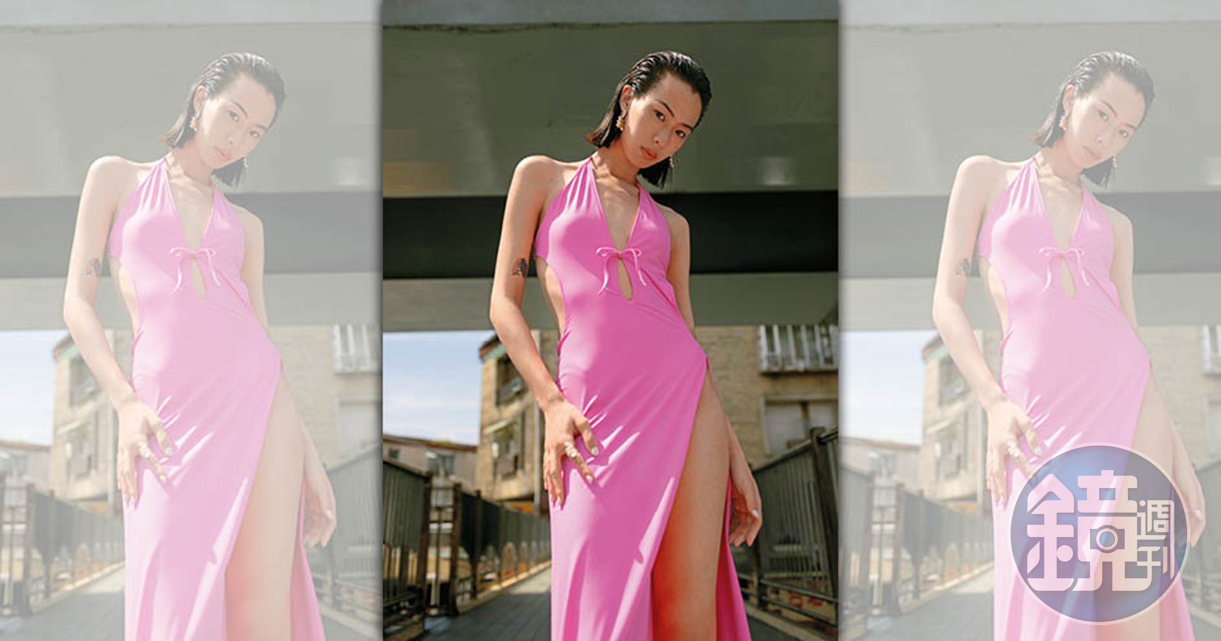 亮粉色長洋裝 價格店洽 by BALENCIAGA、Loulou Yummy圈形耳環 NT$7,600 by APM MONACO、Galet戒指 NT$5,500 by APM MONACO