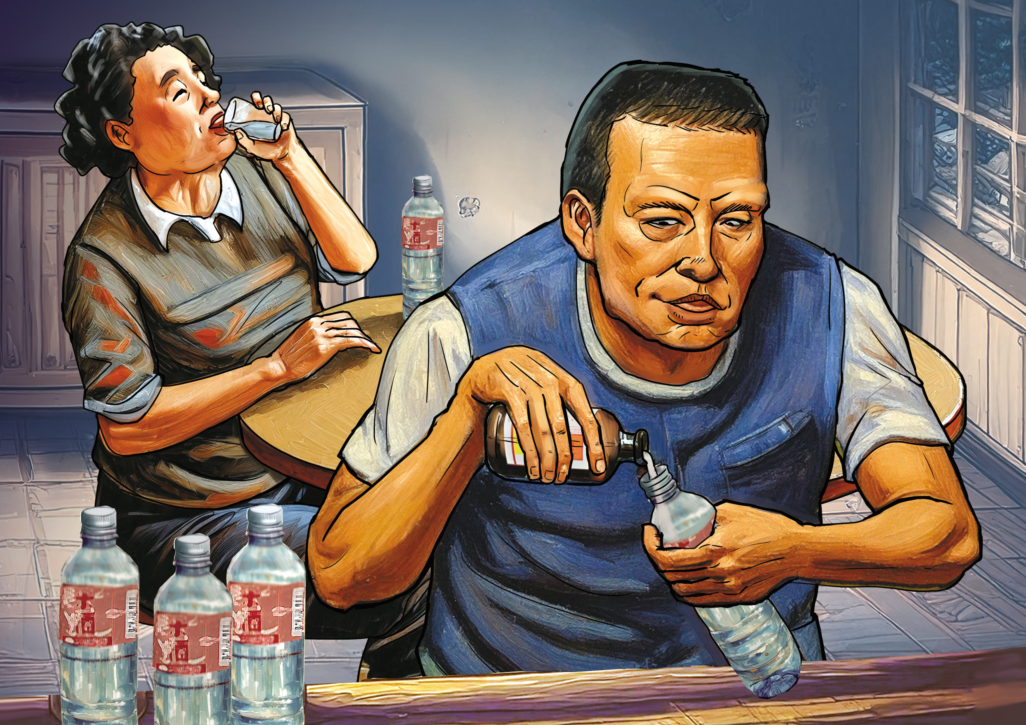 朱男（右）將催芽劑摻入酒內，讓前女友（左）帶回家，釀成4死命案。（AI繪圖Adobe Firefly生成，本刊美術組後製）