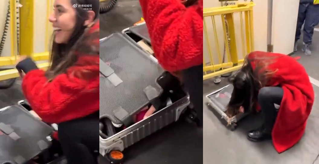 正妹的行李箱疑似裝有情趣用品，因突然震動引起海關注意，她因過度緊張，無法順利關掉震動。（翻攝微博）