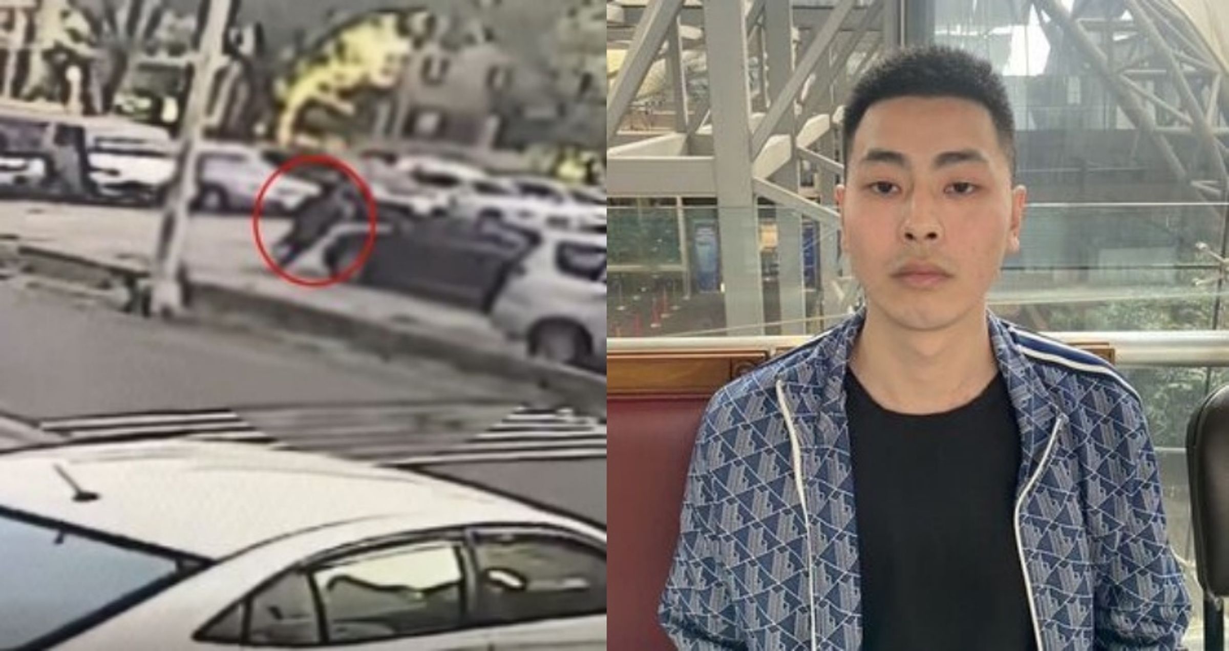槍手楊云豪（右圖）逃亡前在新竹與妻子深夜告別，他於行凶爆頭羅天義後，狂奔跳上白色BMW逃逸（左圖紅圈處）。（翻攝畫面）
