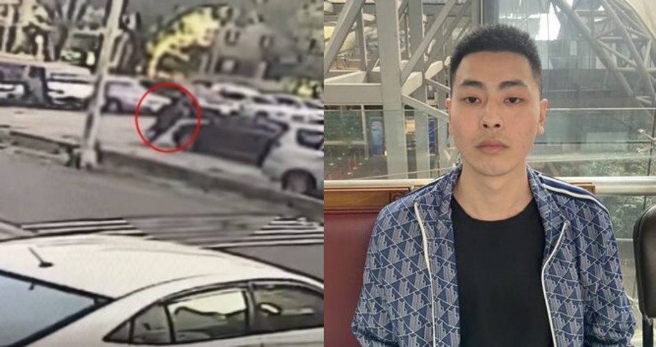 槍手楊云豪（右圖）逃亡前在新竹與妻子深夜告別，他於行凶爆頭羅天義後，狂奔跳上白色BMW逃逸（左圖紅圈處）。（翻攝畫面）