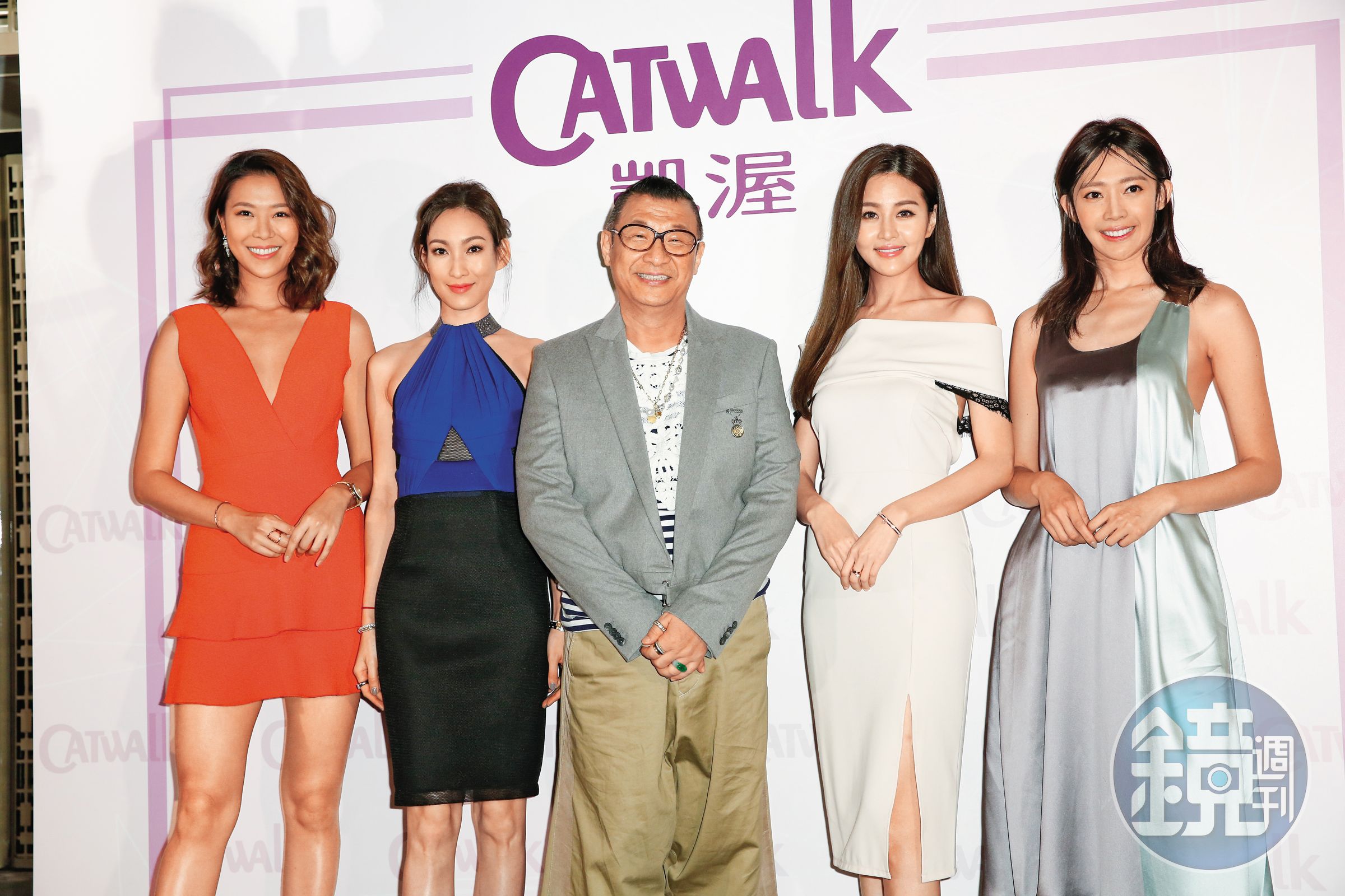 林又立（左一）是資深名模，2018年曾參加凱渥春酒。左起為李曉涵、洪偉明、林葦茹與王心恬。
