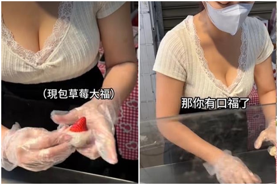 新北市蘆洲市場一間「幸福麻糬春と秋」爆紅，原來是老闆娘太火辣。（翻攝自臉書@貪吃鬼涵涵-台北新北 美食探店、@布雷克出走旅行視界）