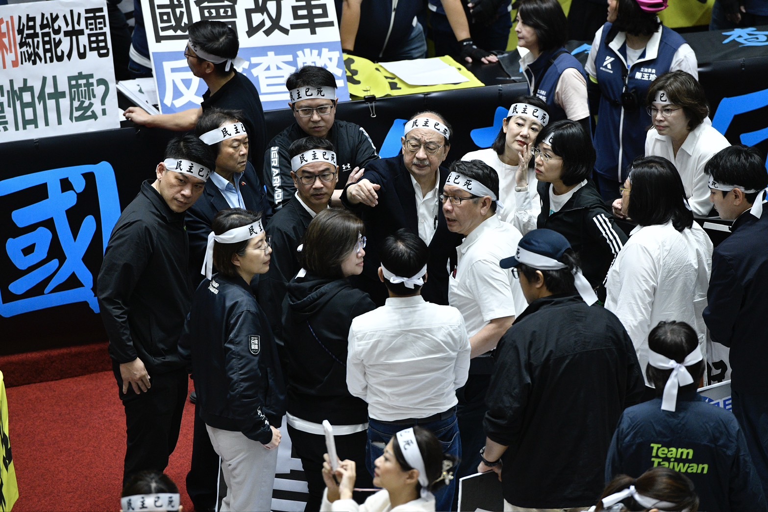 民進黨立委近日就國會改革法案不對提出質疑，並喊出「民主已死」口號。