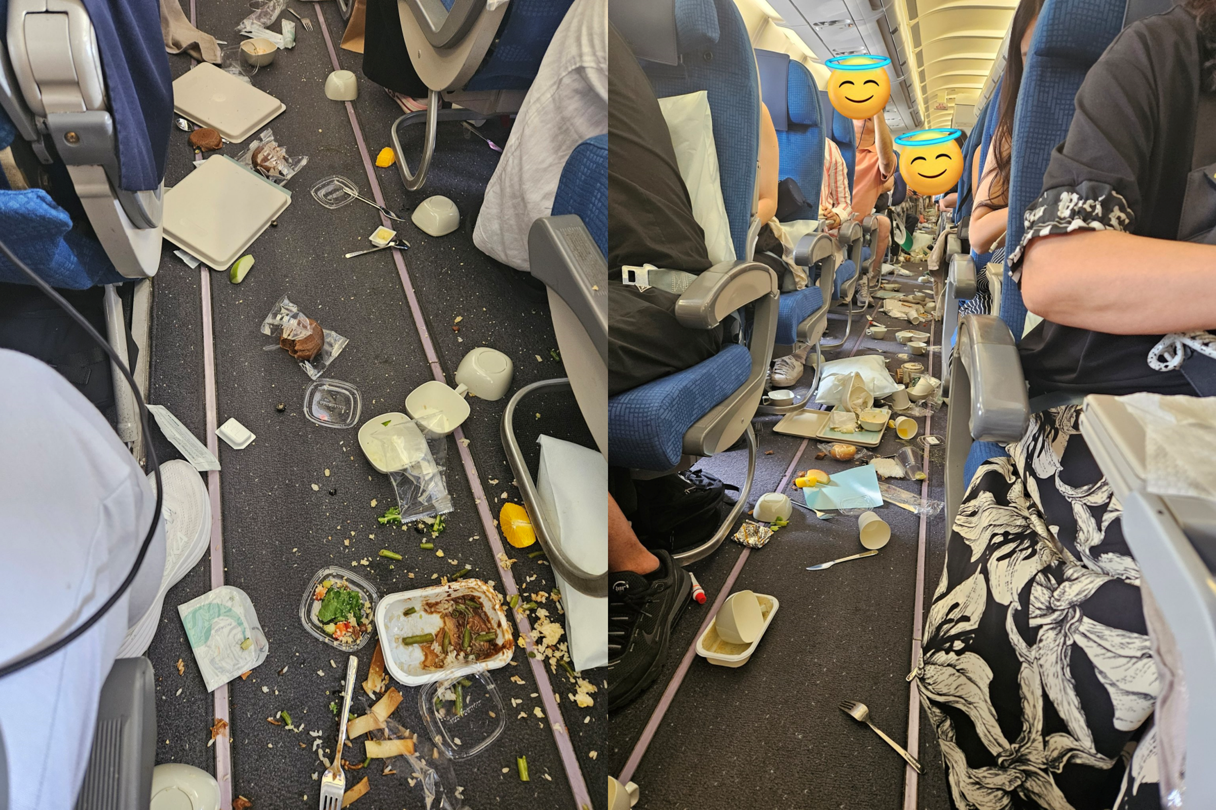 大韓航空KE197航班,4日上午於仁川飛往蒙古,途中遇到亂流,飛機餐散落一地。(翻攝X@pinkteest)