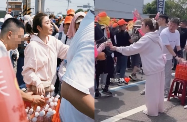 許維恩身穿粉色休閒服低調現身白沙屯媽祖進香路線,親手為路過的香燈腳遞上結緣水。(翻攝自instagram/sharon701111)