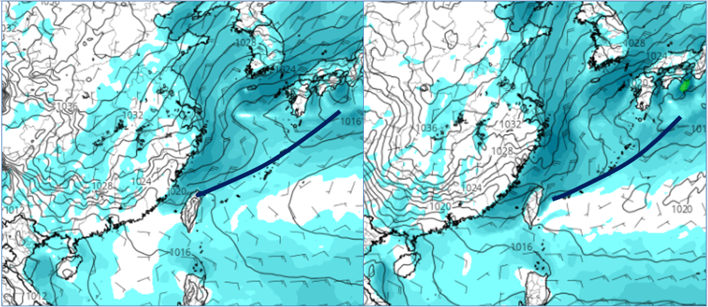 歐洲及美國模式,22日20時地面氣壓及風場模擬圖顯示,22日下午或晚間微弱鋒面掠過、東北季風逐漸南下。(翻攝自三立準氣象.老大洩天機)