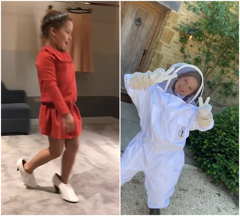 哈珀學媽媽穿高跟鞋走秀,還穿養蜂人的制服跳舞。(翻攝Victoria Beckham IG)