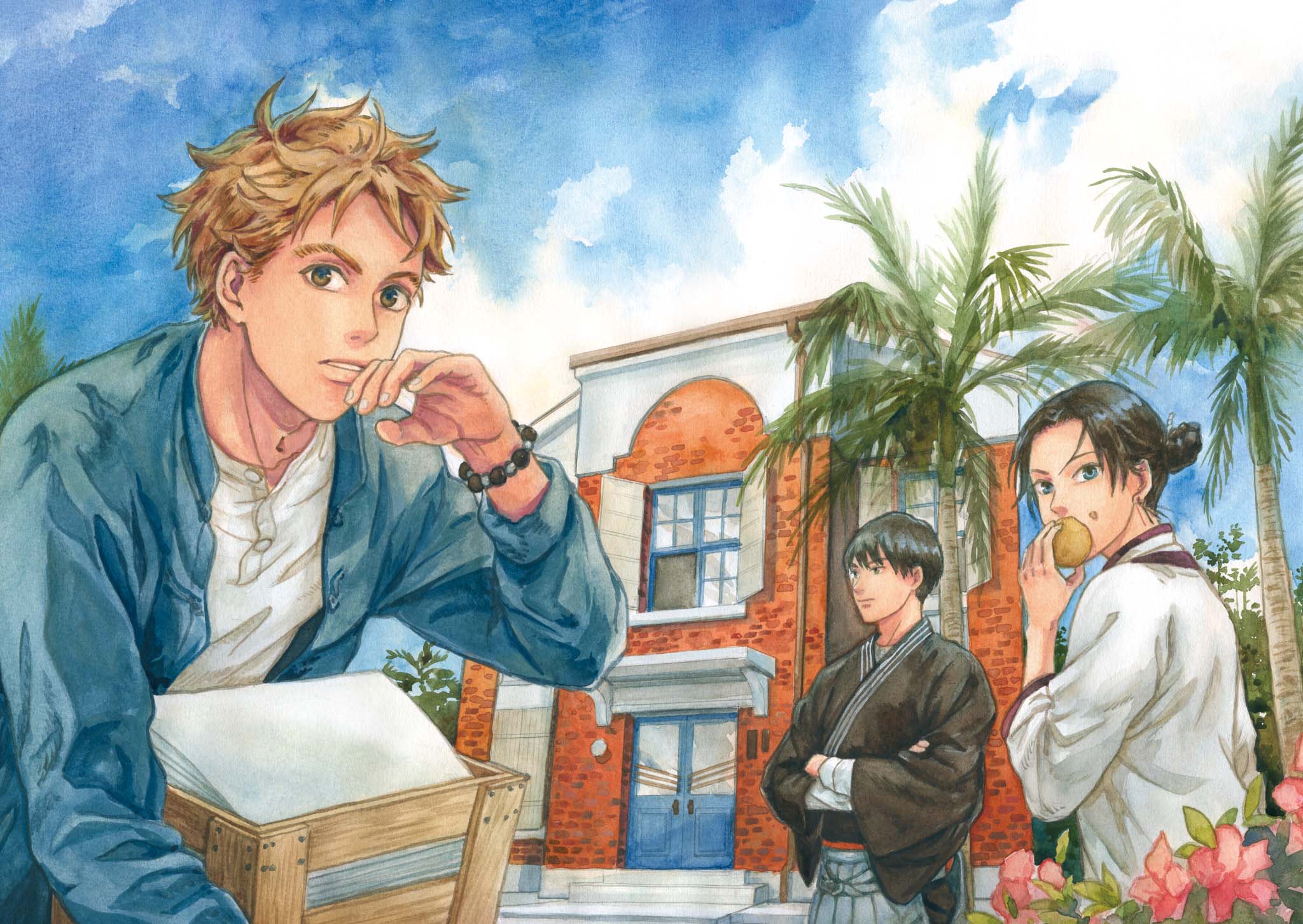 《採集人的野帳》以日治時期的台北植物園腊葉館為背景，故事環繞許涼山（左）、松尾珀（中）及霧草（右）三位主角發展。（蓋亞文化提供）