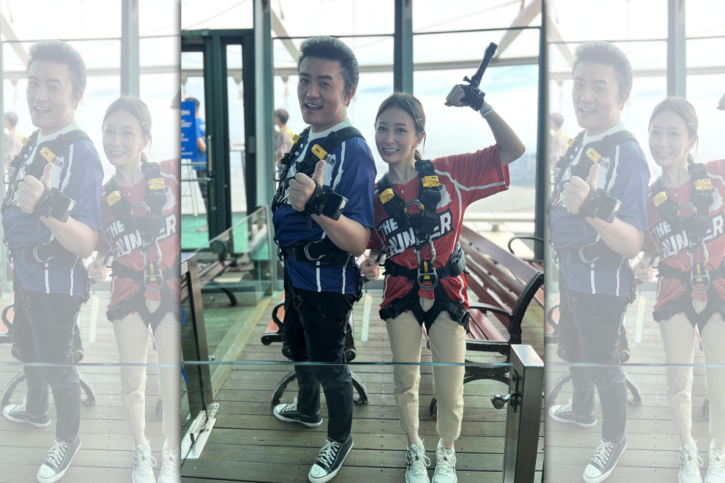 李㼈、篠崎泫體驗澳門塔高空彈跳。(中視提供)