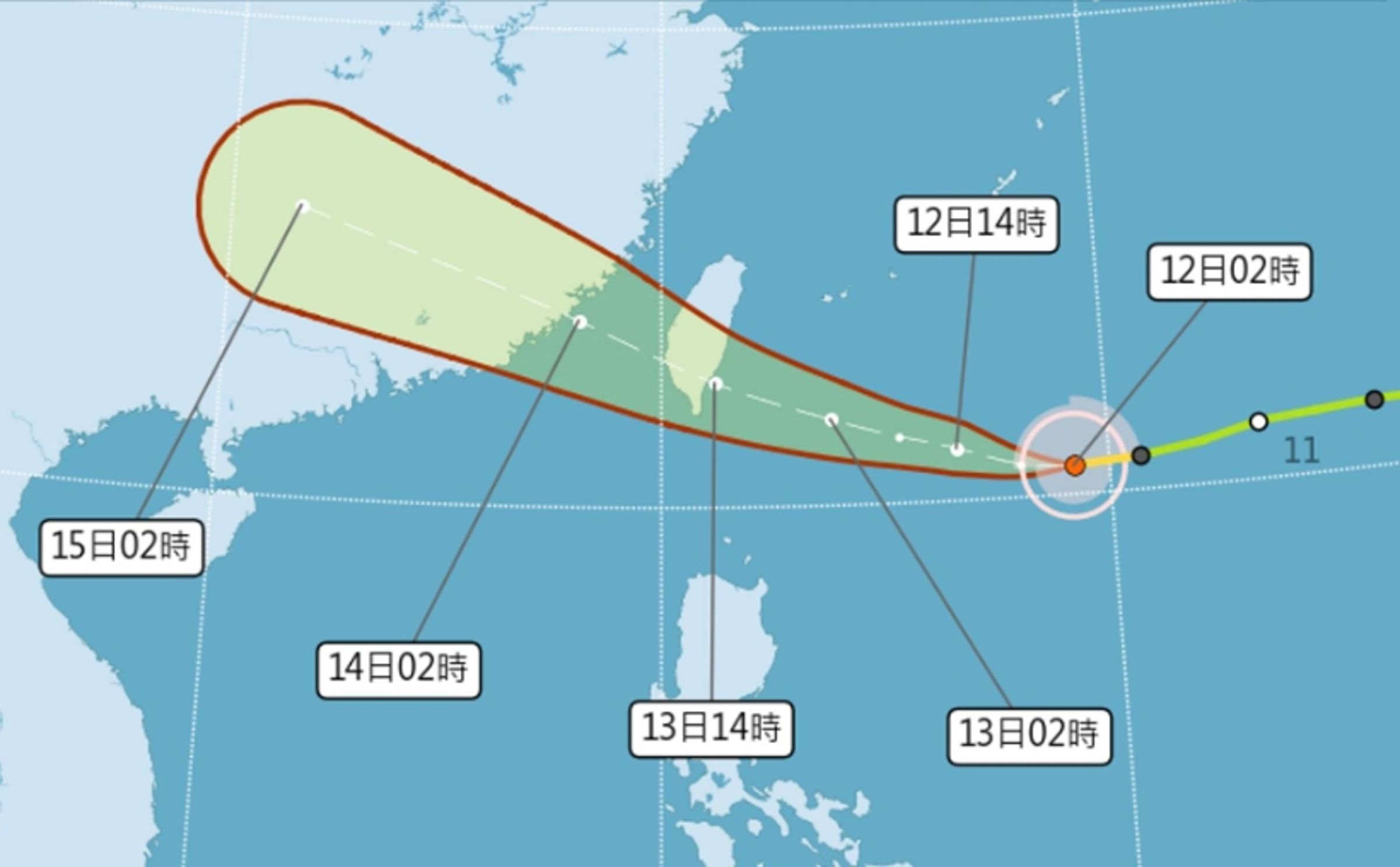 颱風楊柳路徑圖顯示，台東與綠島成風雨第一線。（氣象署提供）