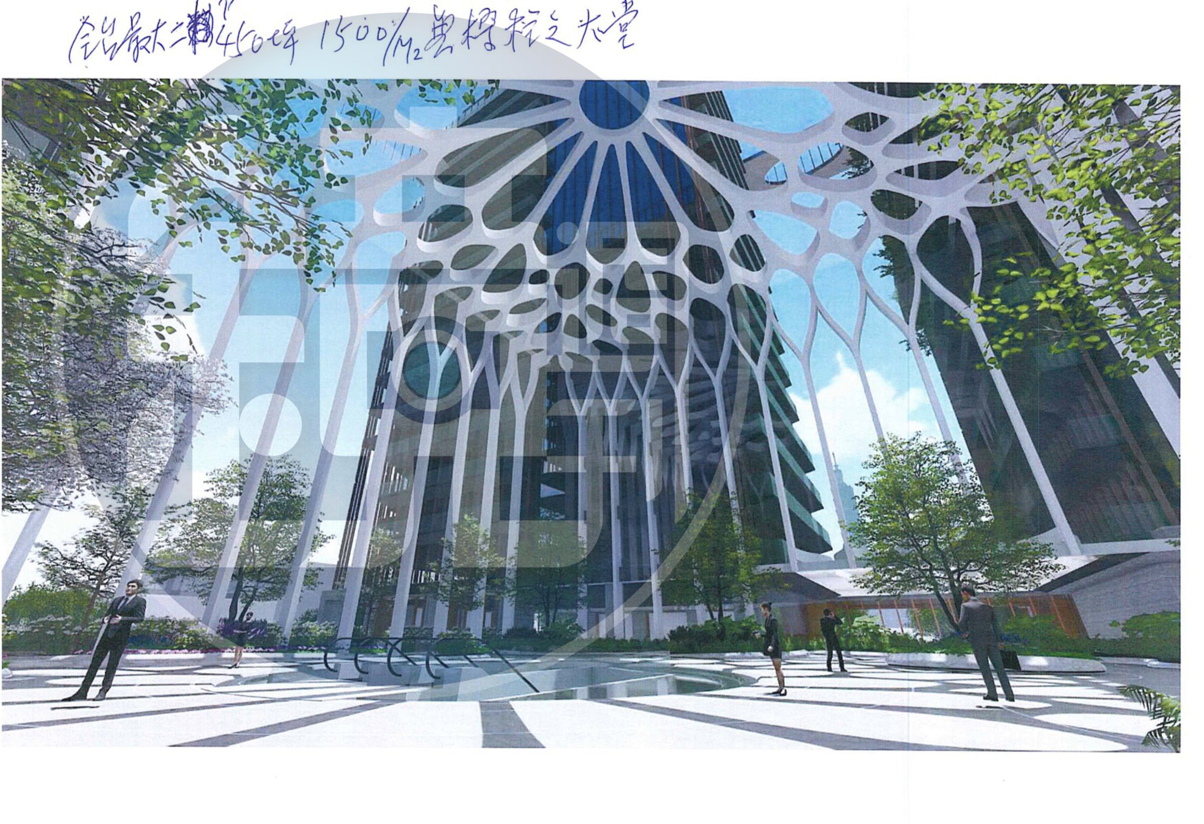 柯文哲在便利貼親筆寫「行政流程加速」等指示,貼在沈慶京提供,有沈親筆批示「跟鐵博館溝通」「全台最大二F1450 1500/M2無樑柱之大禮堂」等字樣的的7張京華城完工示意圖上,下令彭振聲配合辦理。