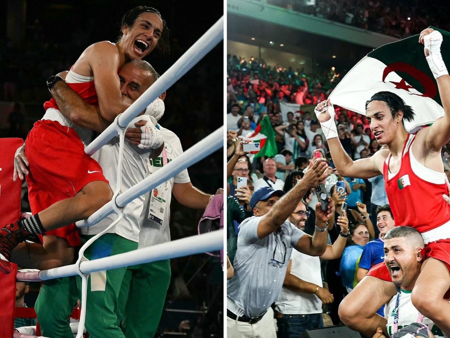 哈利夫無畏性別風波奪金，開心跳上教練身上。（翻攝IG@imane_khelif_10）