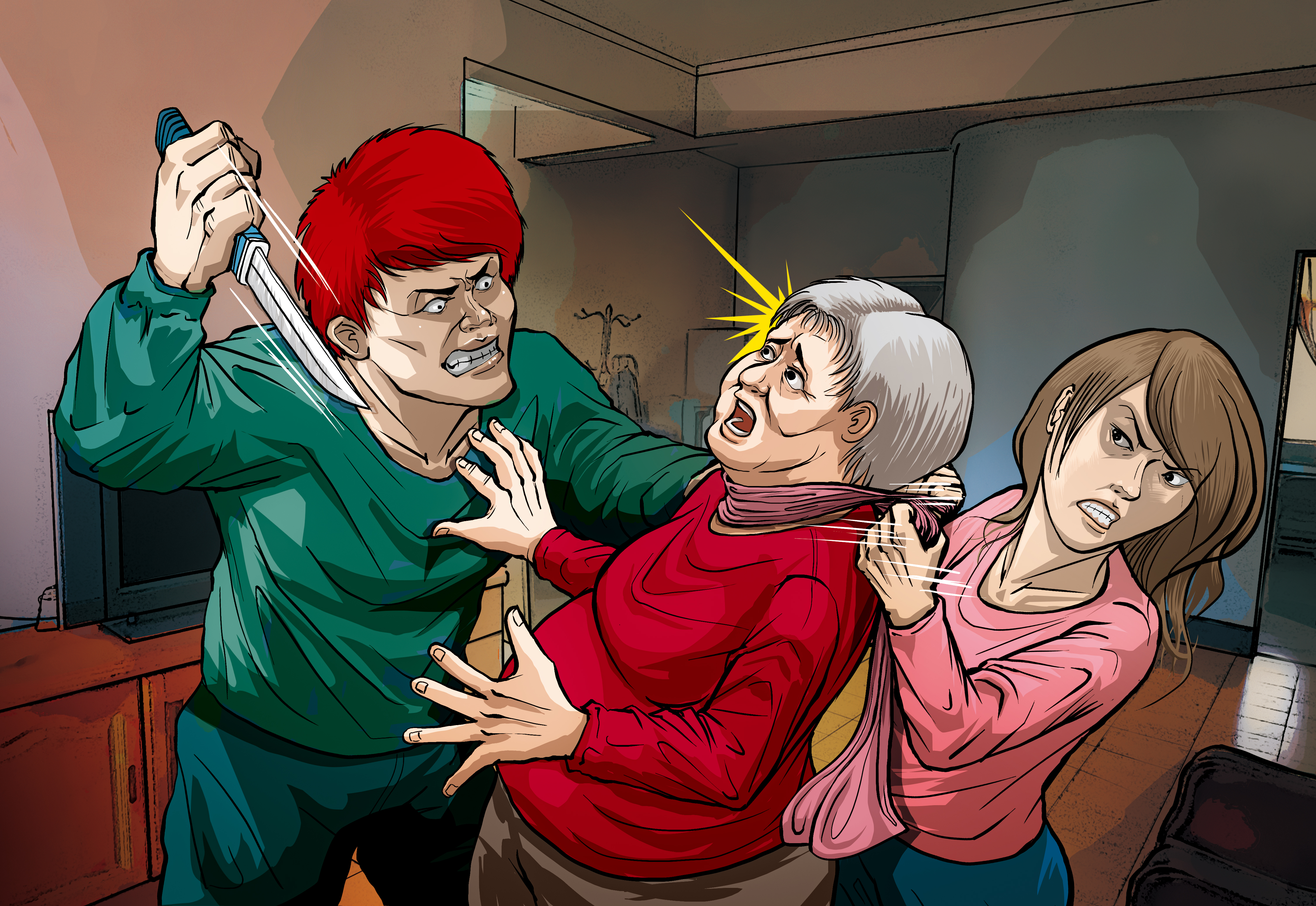 余姓男子的女友先拿圍巾勒住余母脖子，再由余下手刺殺養母。（示意畫面）