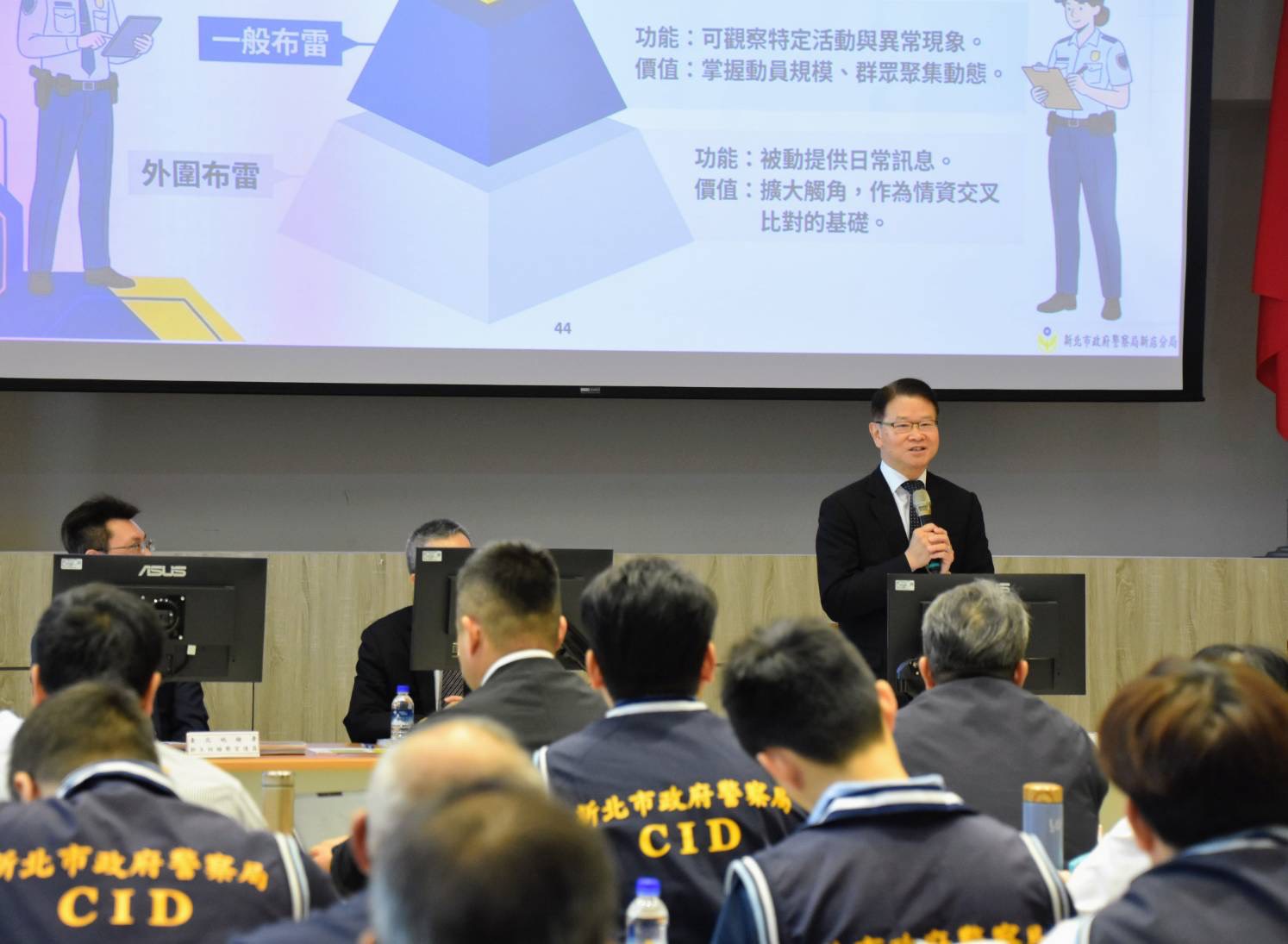 新北市政府警察局新店分局今（7）日舉辦「115年地方公職人員妨害選舉查察座談會」。（新店分局提供）

