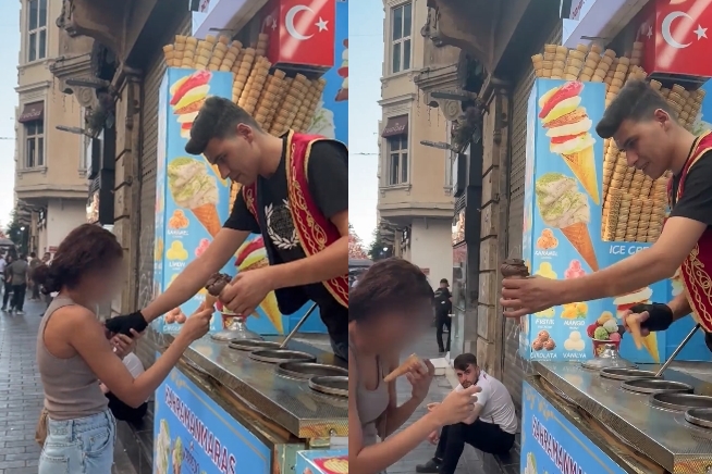 該名女遊客正嘗試體驗土耳其著名的「冰淇淋甜筒遊戲」，結果被當街性騷。（翻攝自reddit）