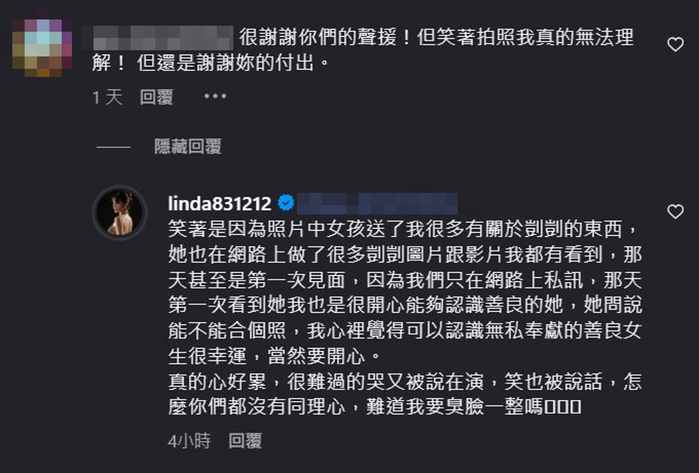 琳妲回覆網友,言語間道盡滿腹無奈。(翻攝IG@linda831212)