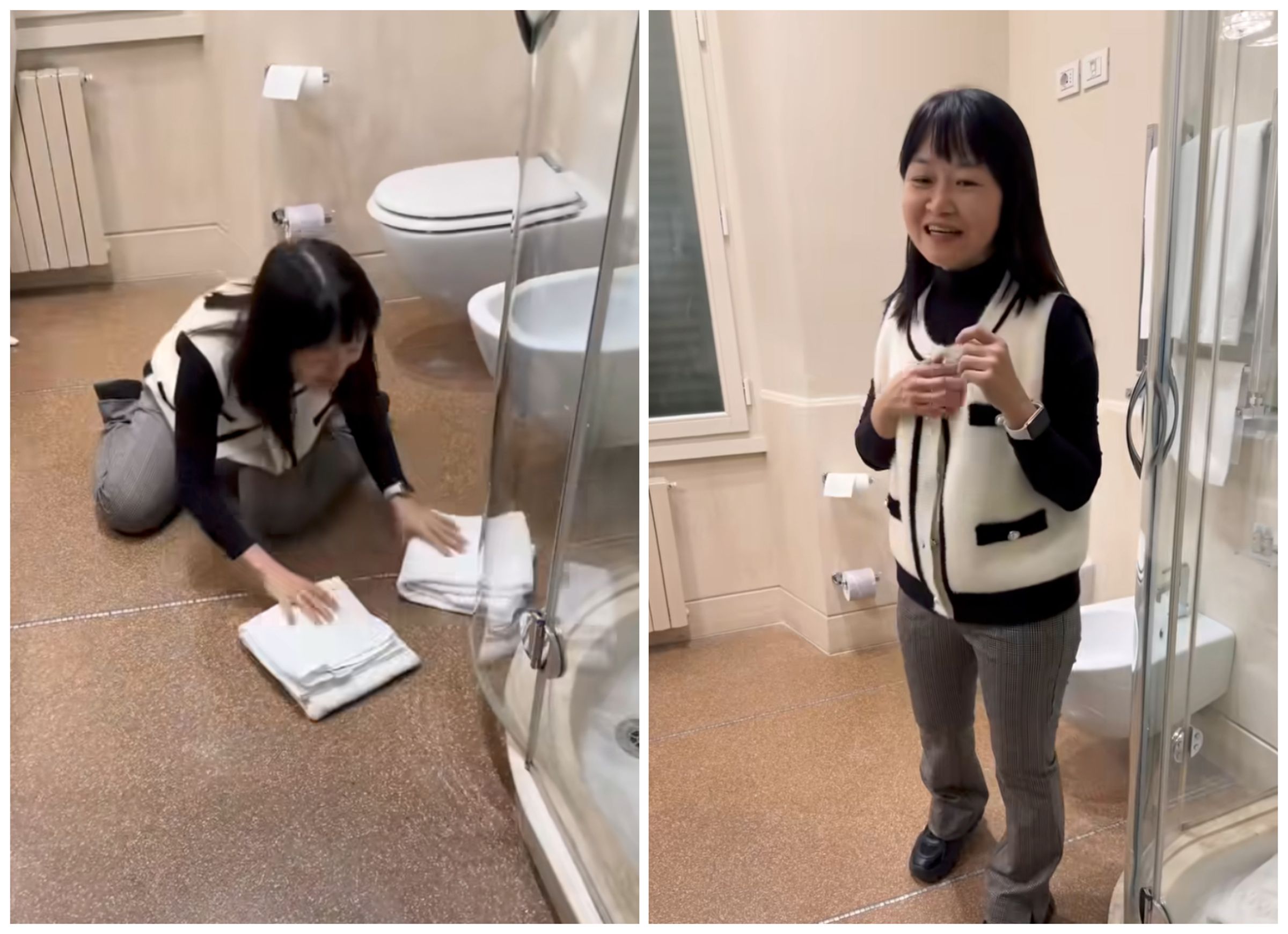 黃大米日前拍影片稱飯店「漏水」,還作勢跪地擦地板,稱自己像灰姑娘。(翻攝黃大米臉書影片)