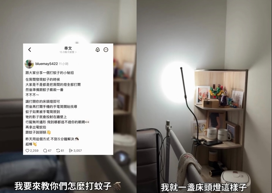 找不到蚊子時，利用手機手電筒產生的「影子效應」，能大幅提升追蹤精準度。（Threads網友 bluemay5422 授權提供）