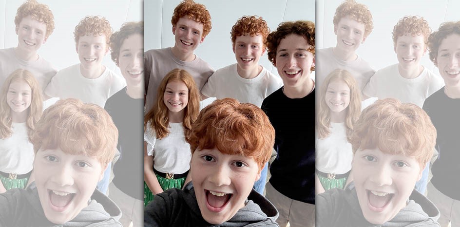 飾演衛斯理一家兄妹的,崔斯塔哈藍(左上起)、加百列哈藍、盧埃里史波納、葛蕾斯考克藍,以及飾演榮恩的阿拉斯泰爾斯特勞特,真的不是紅髮、不當一家人。(HBO提供)