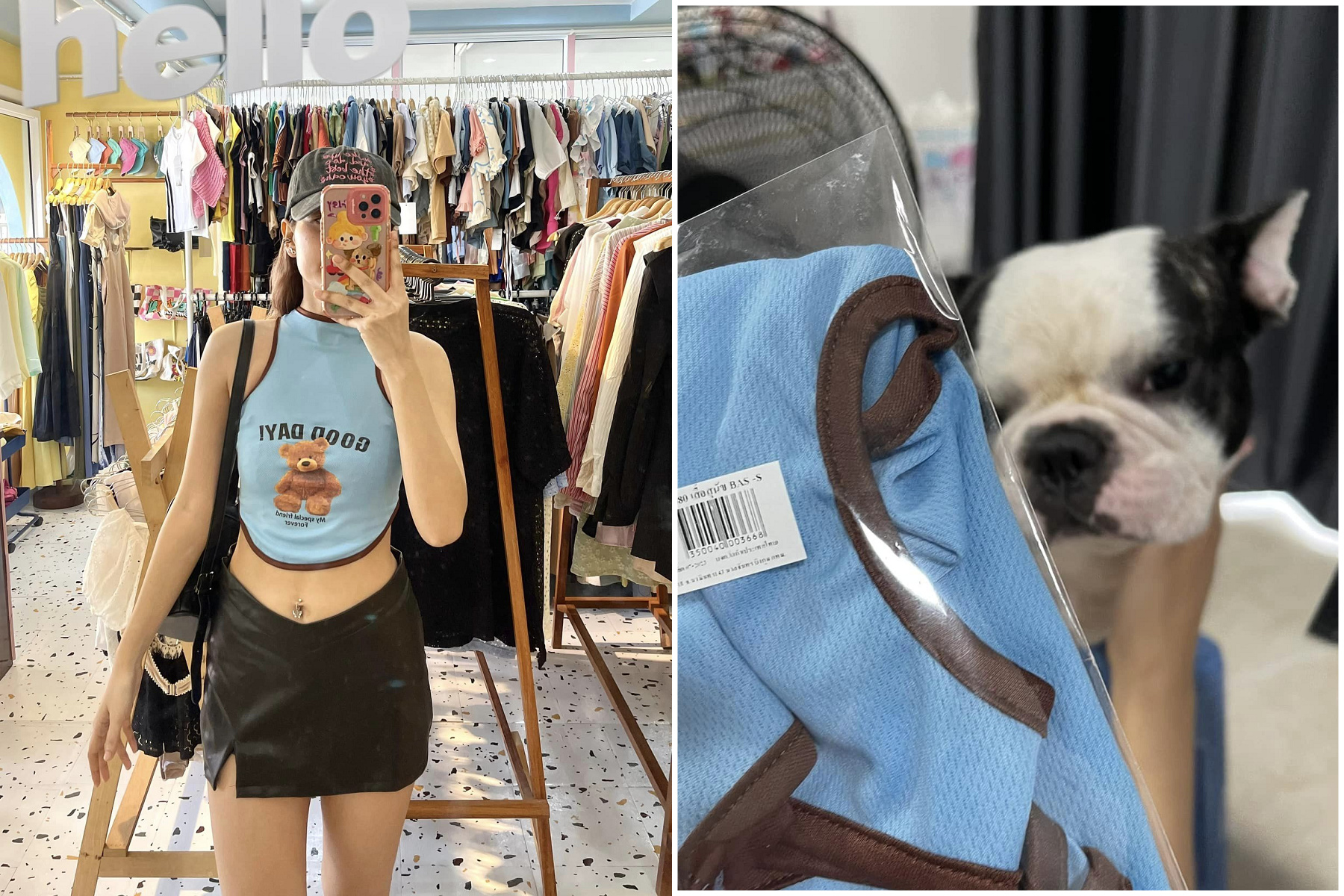 妹子穿小狗衣露火辣身材，讓新衣充滿「原味奶味」！牠火到眼神死。（翻自臉書）