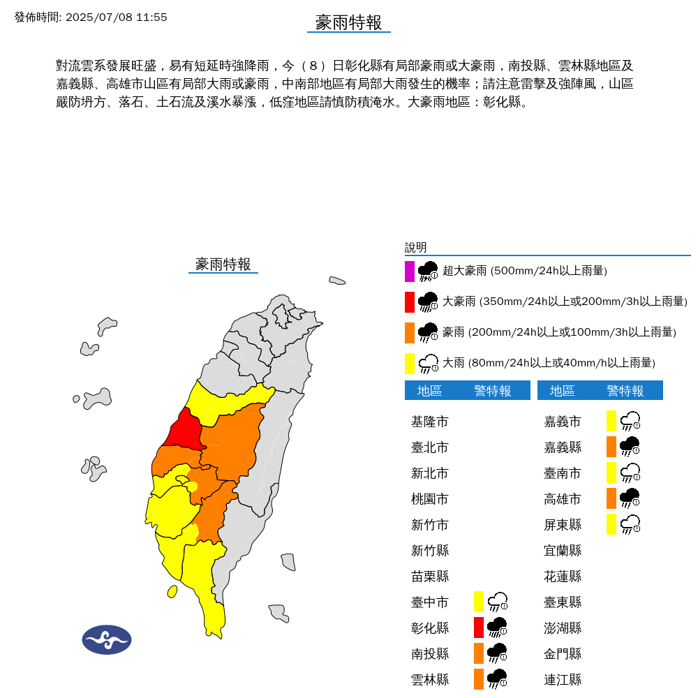 中央氣象署發出豪雨特報示警,指彰化縣達大豪雨等級。(中央氣象署提供)