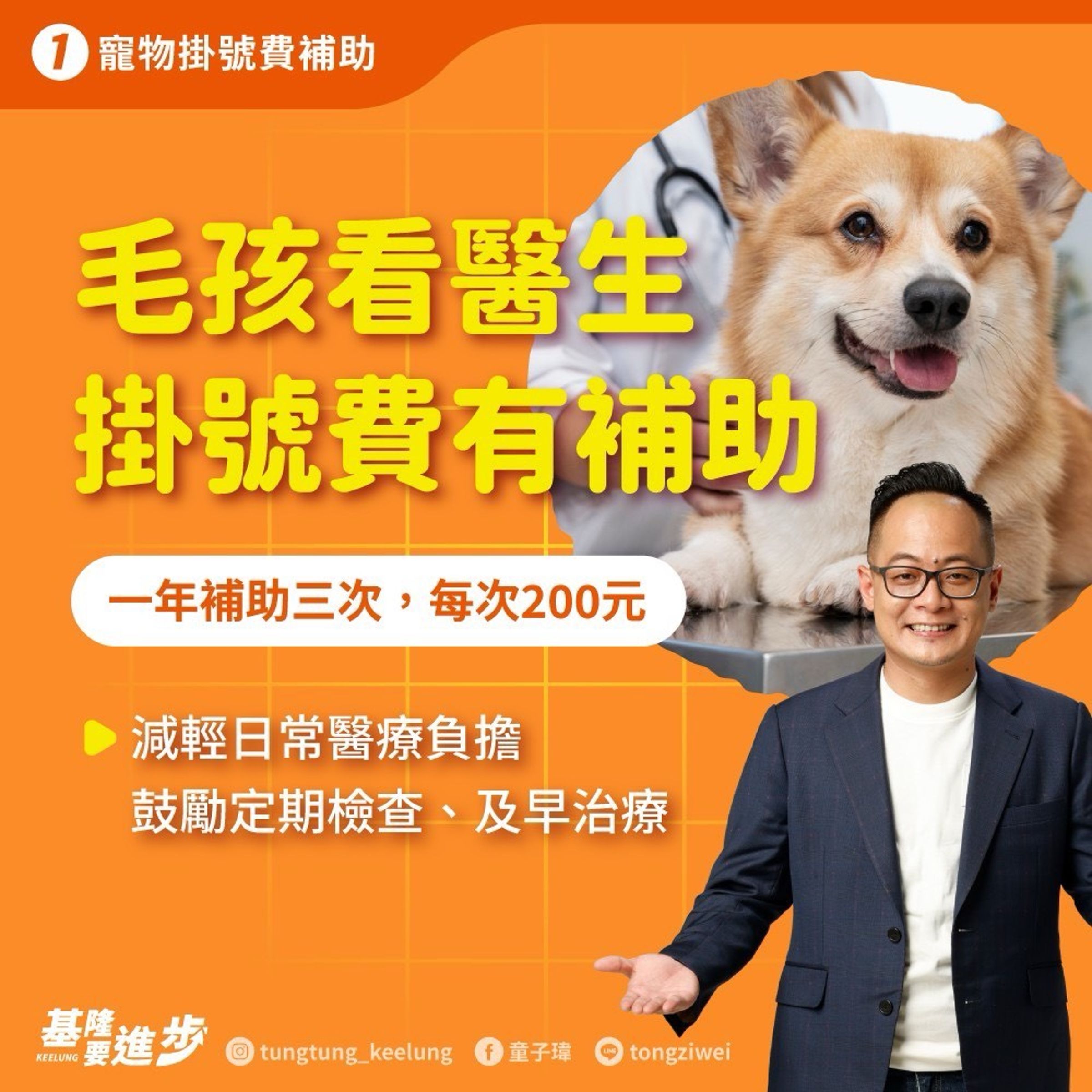 童子瑋提出「看診有補助」政見，規劃每年補助三次、每次200元，盼減輕飼主就醫負擔，並鼓勵定期檢查、及早治療。