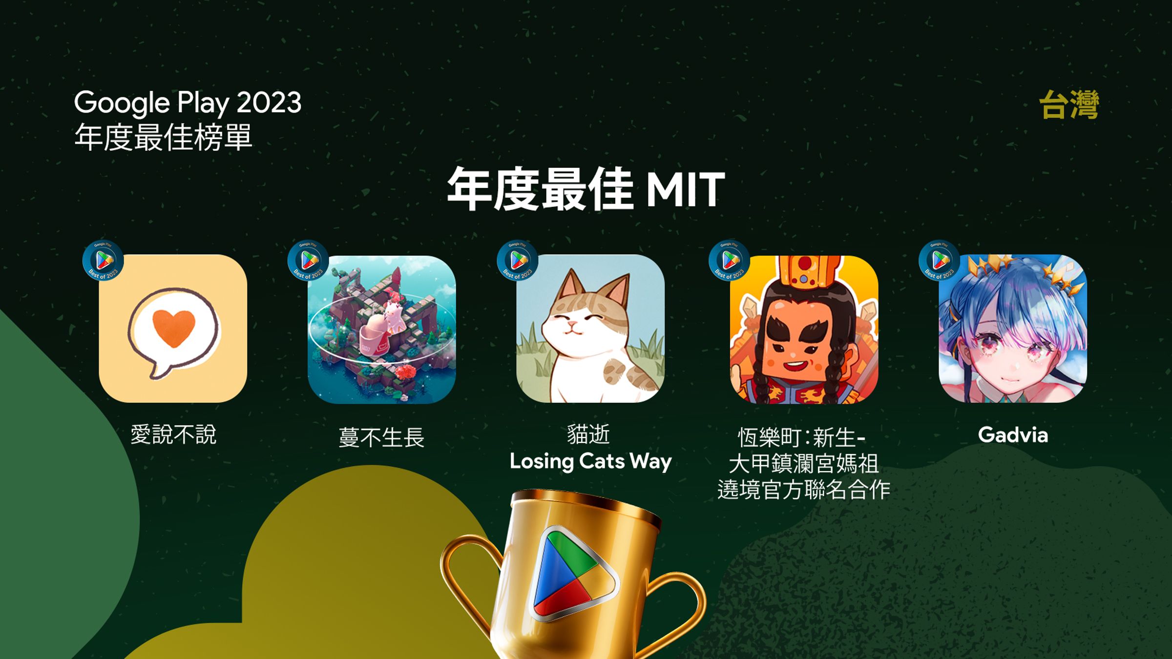 今年獲「年度最佳 MIT」的台灣遊戲包括《愛說不說》《貓逝》《蔓不生長》《恆樂町：新生》《Gadvia》。（Google Play提供）