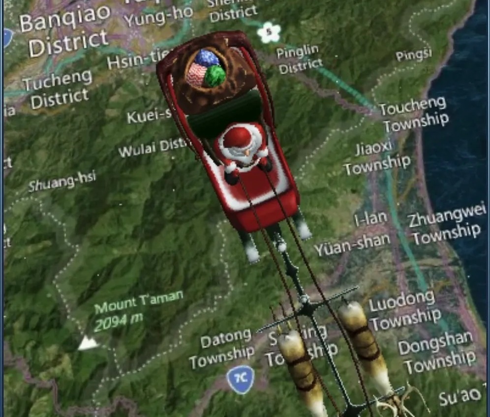 耶誕老人24日晚間22時41分通過台灣上空，國防部回應了。（翻攝自NORAD Tracks Santa官網）