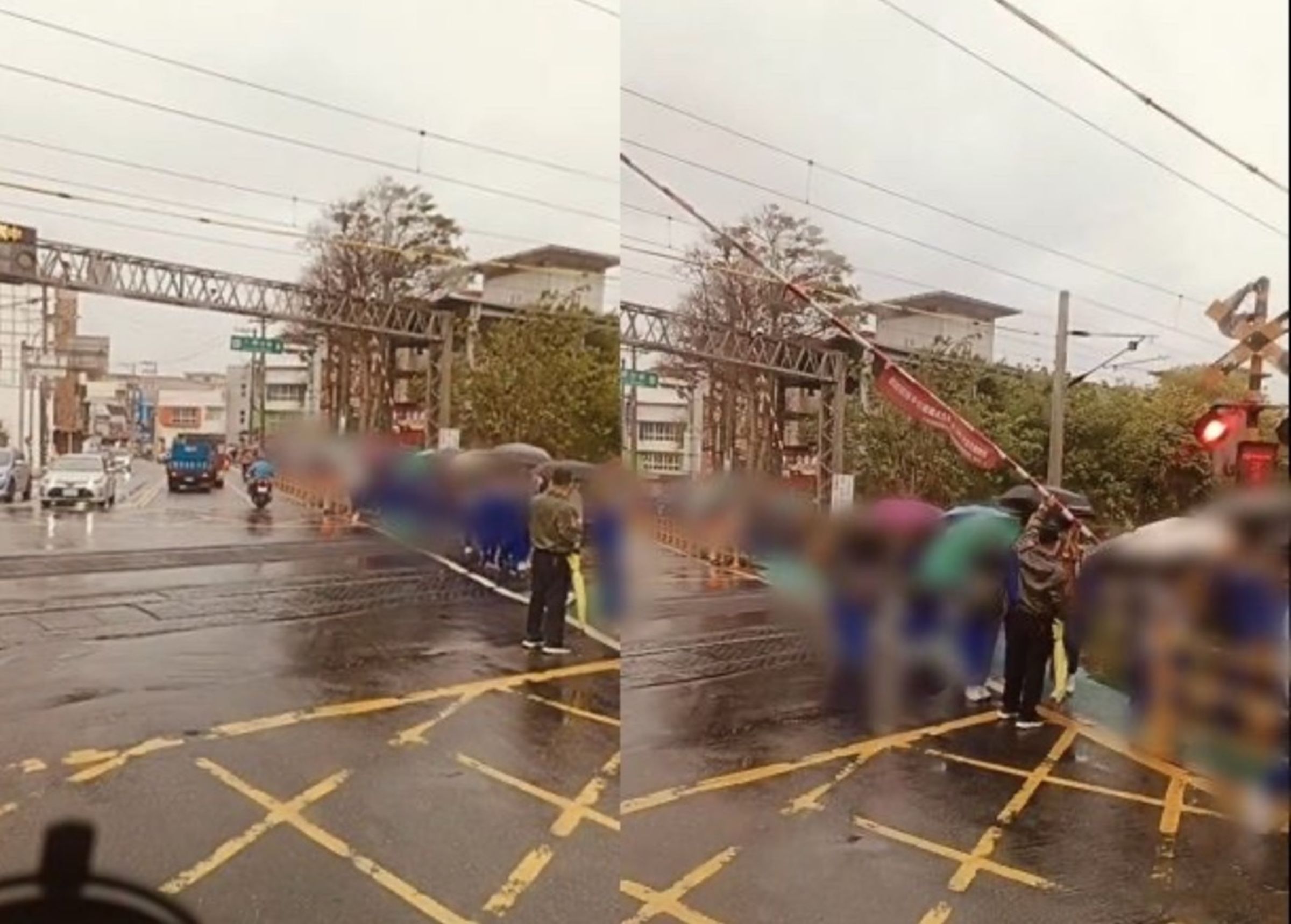 一群學生經過桃園永豐路一處平交道，但火車警鈴作響他們仍「緩慢通過」，完全不顧自身安危！（圖：爆料公社）