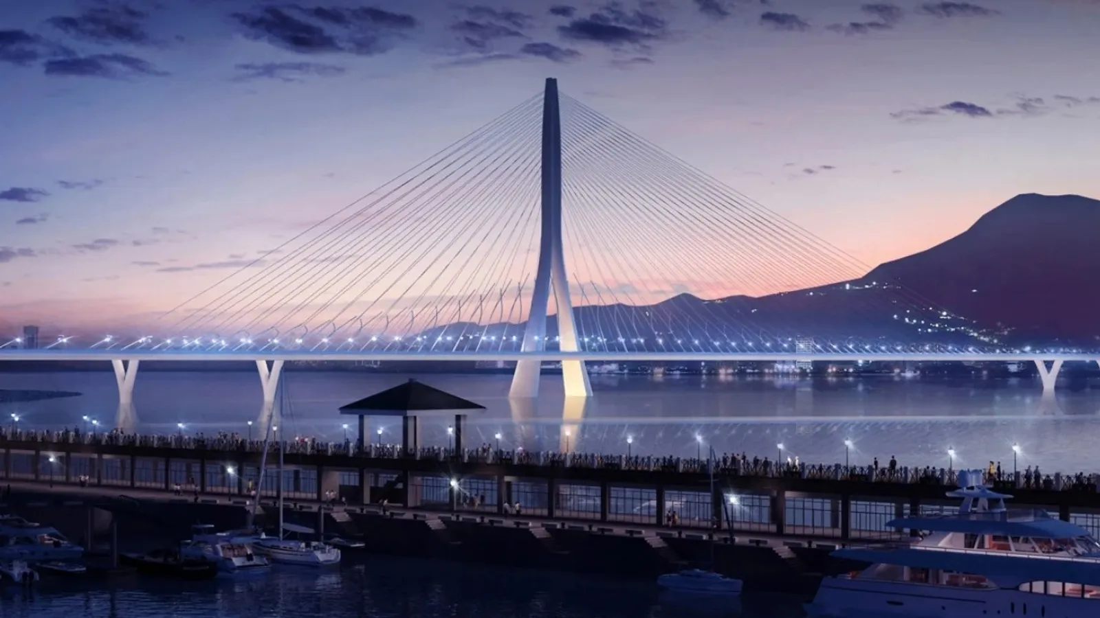 淡江大橋的特有曲線、單塔大跨距設計工程難度高，同時也是世界最高不對稱吊索橋。此為模擬圖。（公路局提供）