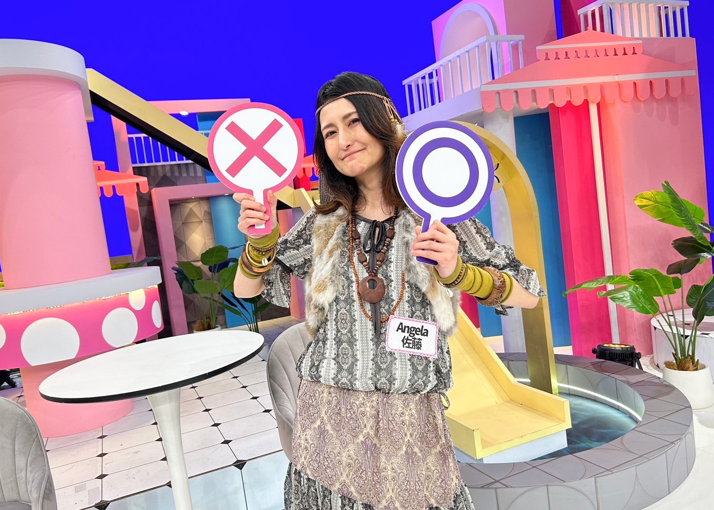 Angela佐藤首登台灣綜藝節目錄影。（緯來提供）