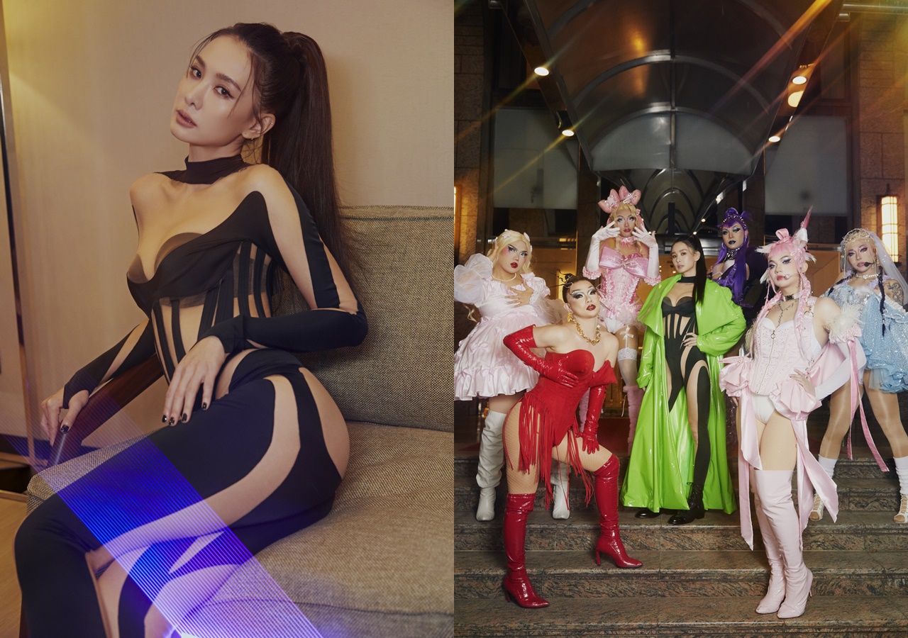 安心亞睽違一年後，以未來感十足、乳浪波臀全都露的「虛擬皇后」造型登場，PK 六位變裝皇后。（百鴻揚娛樂提供）