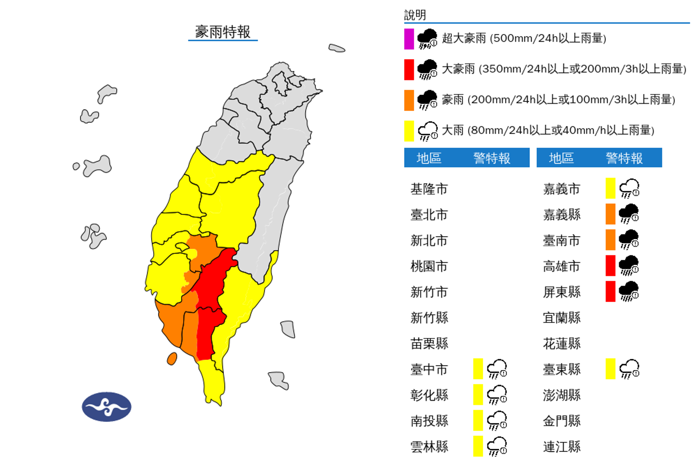 氣象署對10縣市發布大豪雨、豪雨、大雨特報。(氣象署提供)