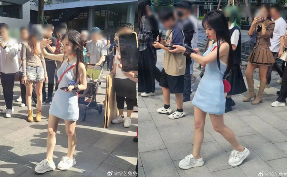 馮提莫被網友拍下真實身材照片,不少網友熱議她身材嬌小,居然是64身比例。(翻攝微博)