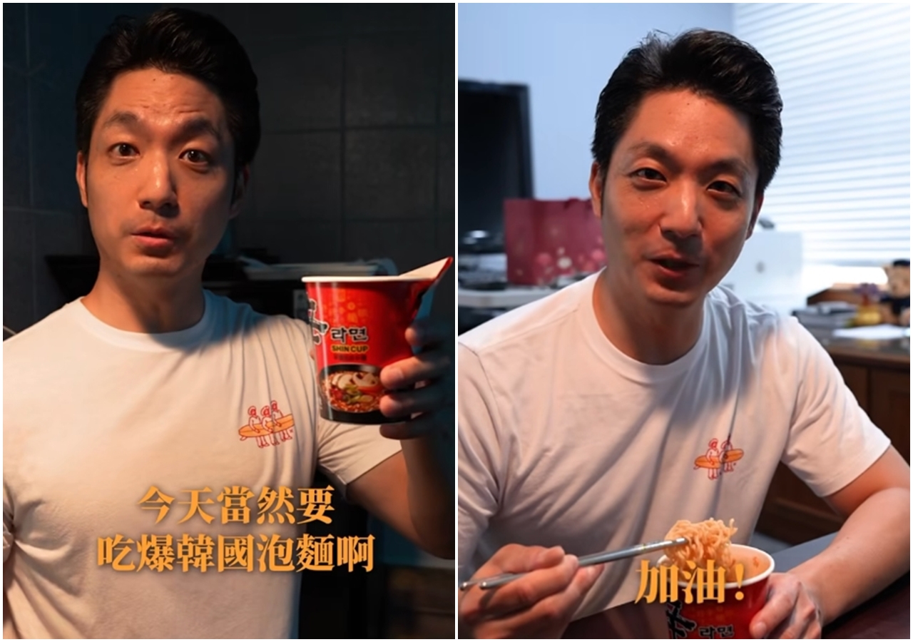 蔣萬安今於臉書po出短片，曬出午餐直呼「今天當然要吃爆韓國泡麵啊！」以此替台灣隊加油打氣。（翻攝自蔣萬安臉書）