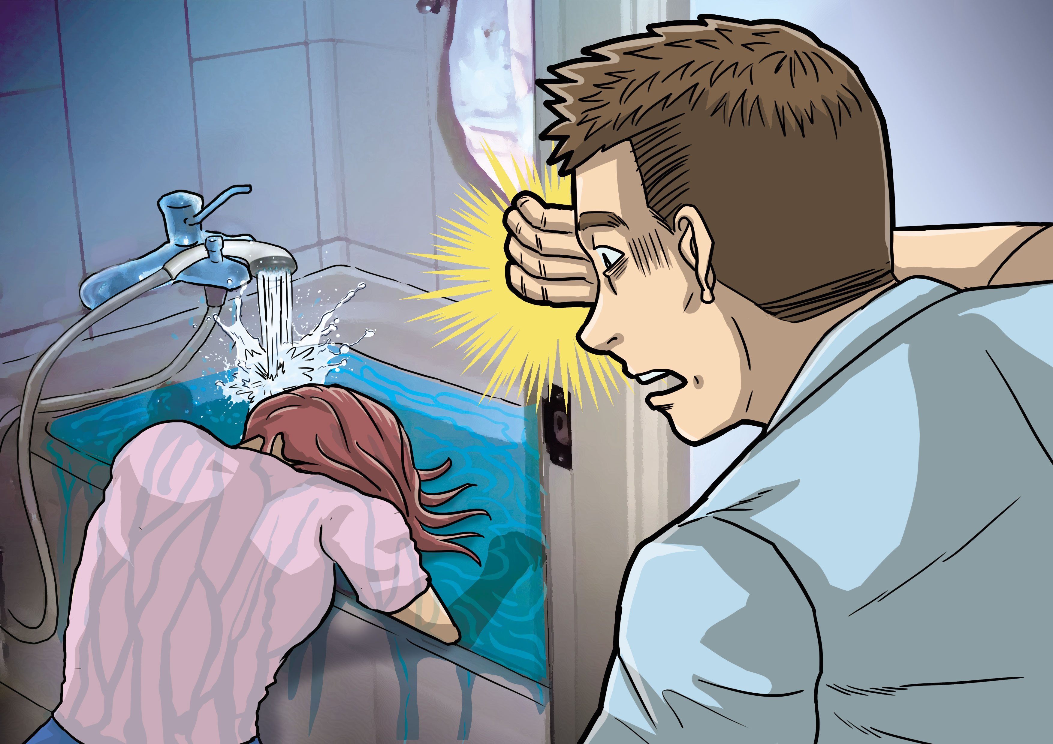 下班返家的羅姓男子（右）以為女友（左）在洗澡，打開浴室門才發現大事不妙。（示意畫面）