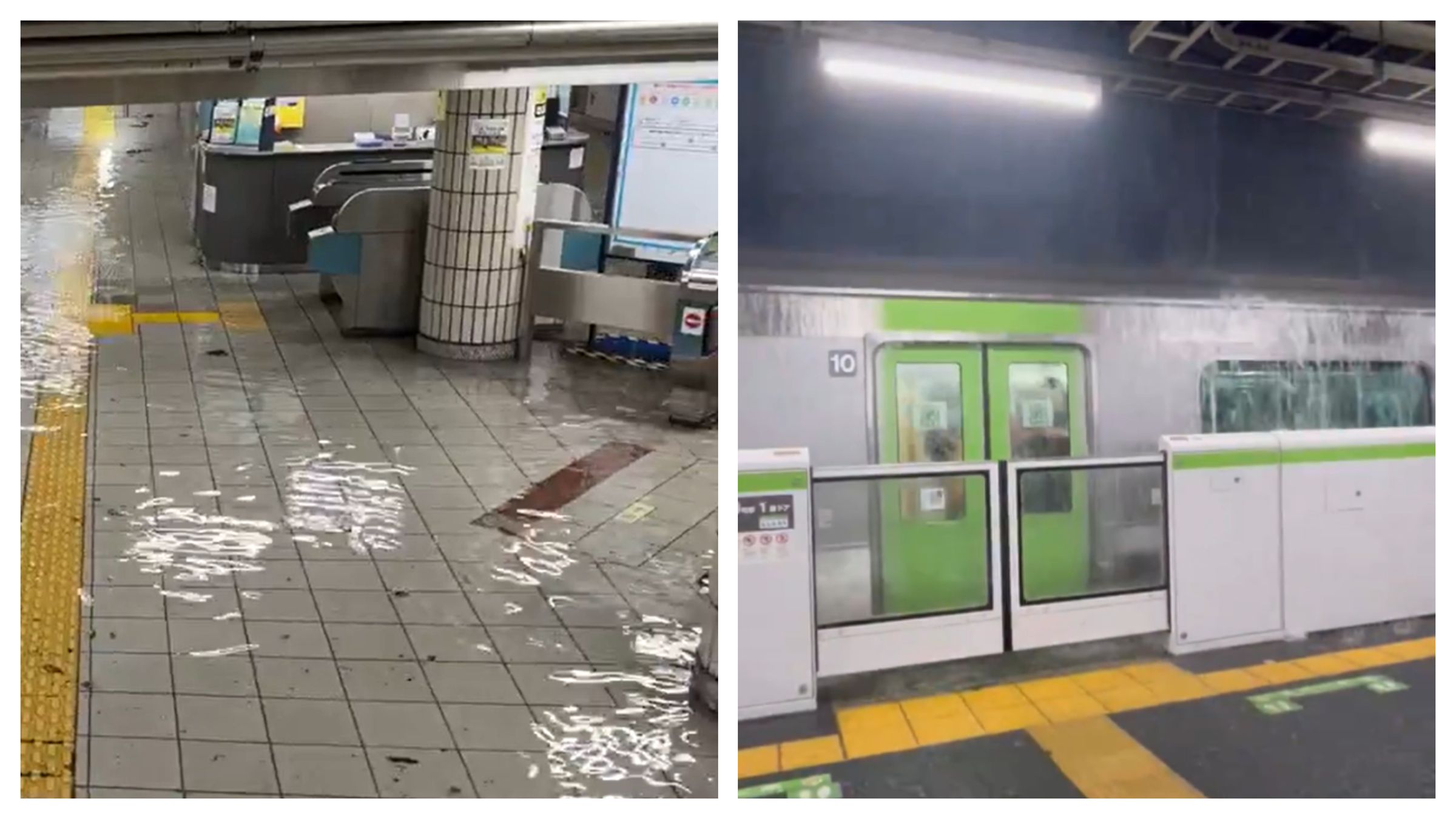 日本東京昨日晚間降下暴雨,時雨量超過100毫米創紀錄,多處市區道路、地鐵車站皆淹水。(翻攝自X@koichinko、@de_vilchan16 )