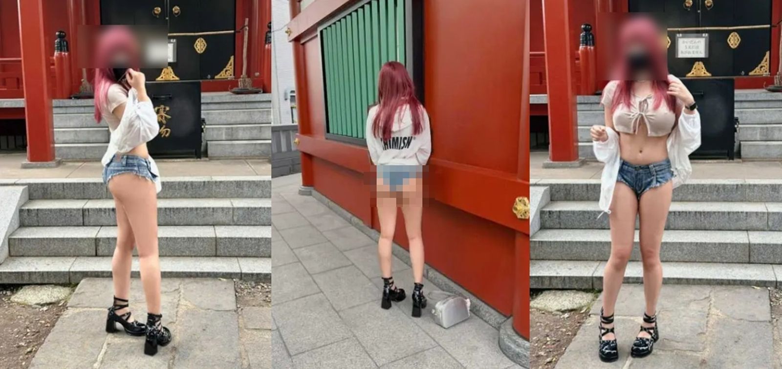 一名台灣女生穿超短褲在神社拍照,露臀的行徑讓一票網友罵翻。(翻攝DCARD)