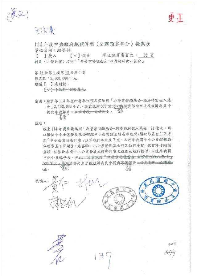 國民黨團則秀出預算提案表，抨擊總統府公然造謠，要求張惇涵立即公開道歉。（國民黨團提供）