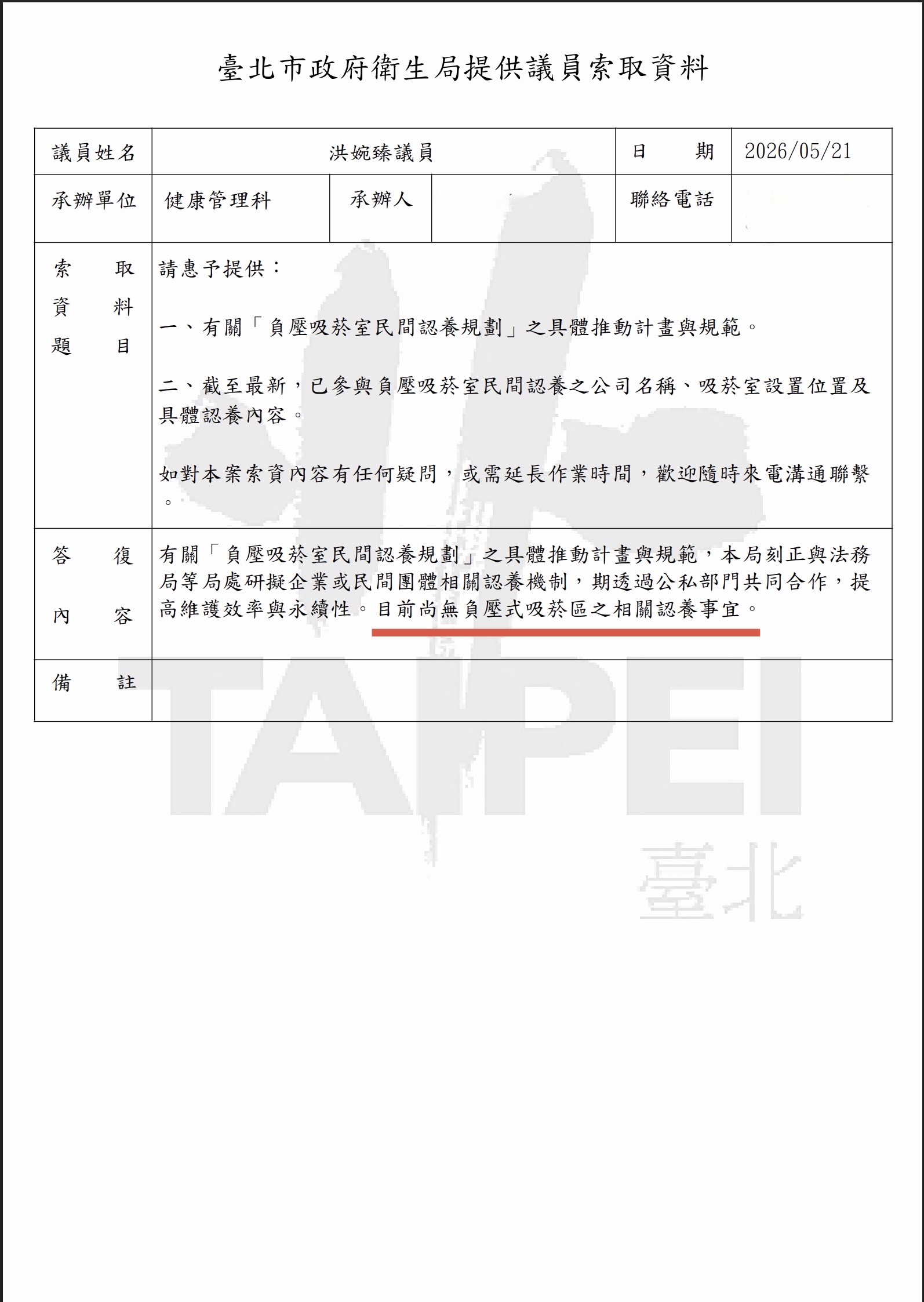 針對西門町吸菸室的認養問題,衛生局回覆「目前尚無負壓式吸菸區之相關認養事宜」。