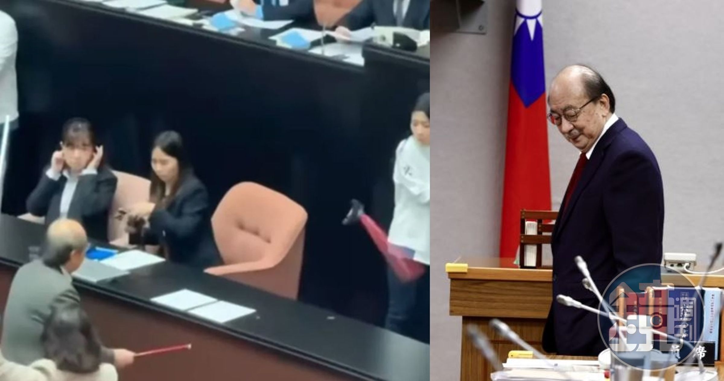 時任民進黨團總召的柯建銘為表達抗議，持伸縮拐杖重擊桌面兩次，拐杖斷裂噴飛擊中徐巧芯。（翻攝徐巧芯臉書、本刊資料照）