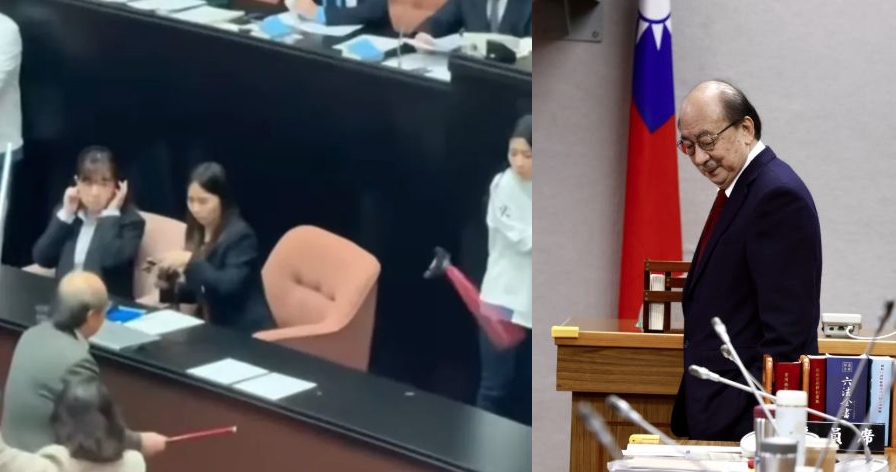 時任民進黨團總召的柯建銘為表達抗議，持伸縮拐杖重擊桌面兩次，拐杖斷裂噴飛擊中徐巧芯。（翻攝徐巧芯臉書、本刊資料照）