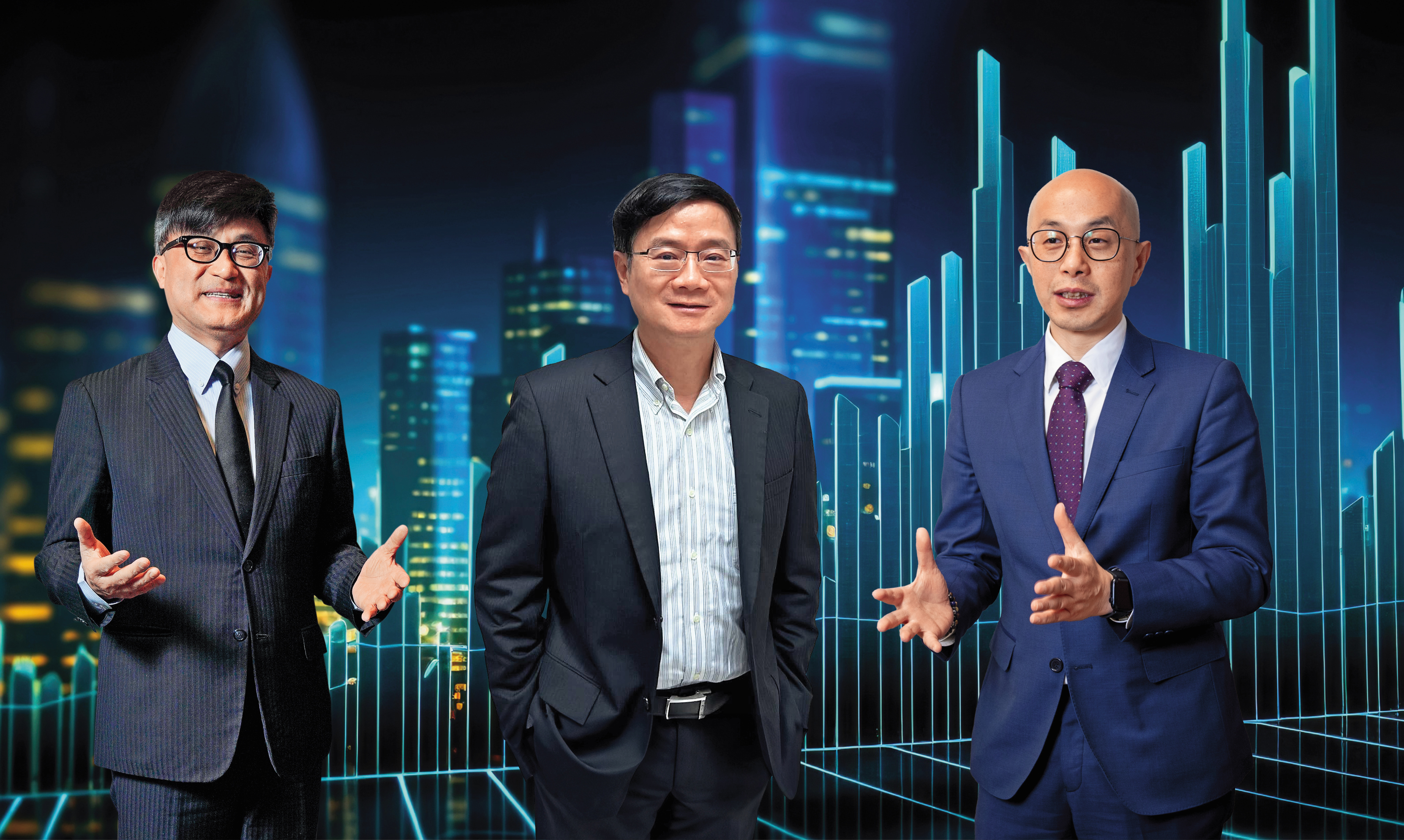 台股3名師：富邦投顧董事長陳奕光、第一金投顧董事長黃詣庭、康和證券投資總監廖繼弘一致認同，AI仍是2026年投資主軸。（左起為富邦投顧董事長陳奕光、康和證券投資總監廖繼弘及第一金投顧董事長黃詣庭。）