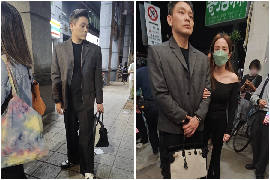 愛雅老公腳踩FENDI皮鞋、身上提著市價超過50萬元愛馬仕包，一身行頭相當貴氣。上週他陪妻子現身動物醫院。（讀者提供）